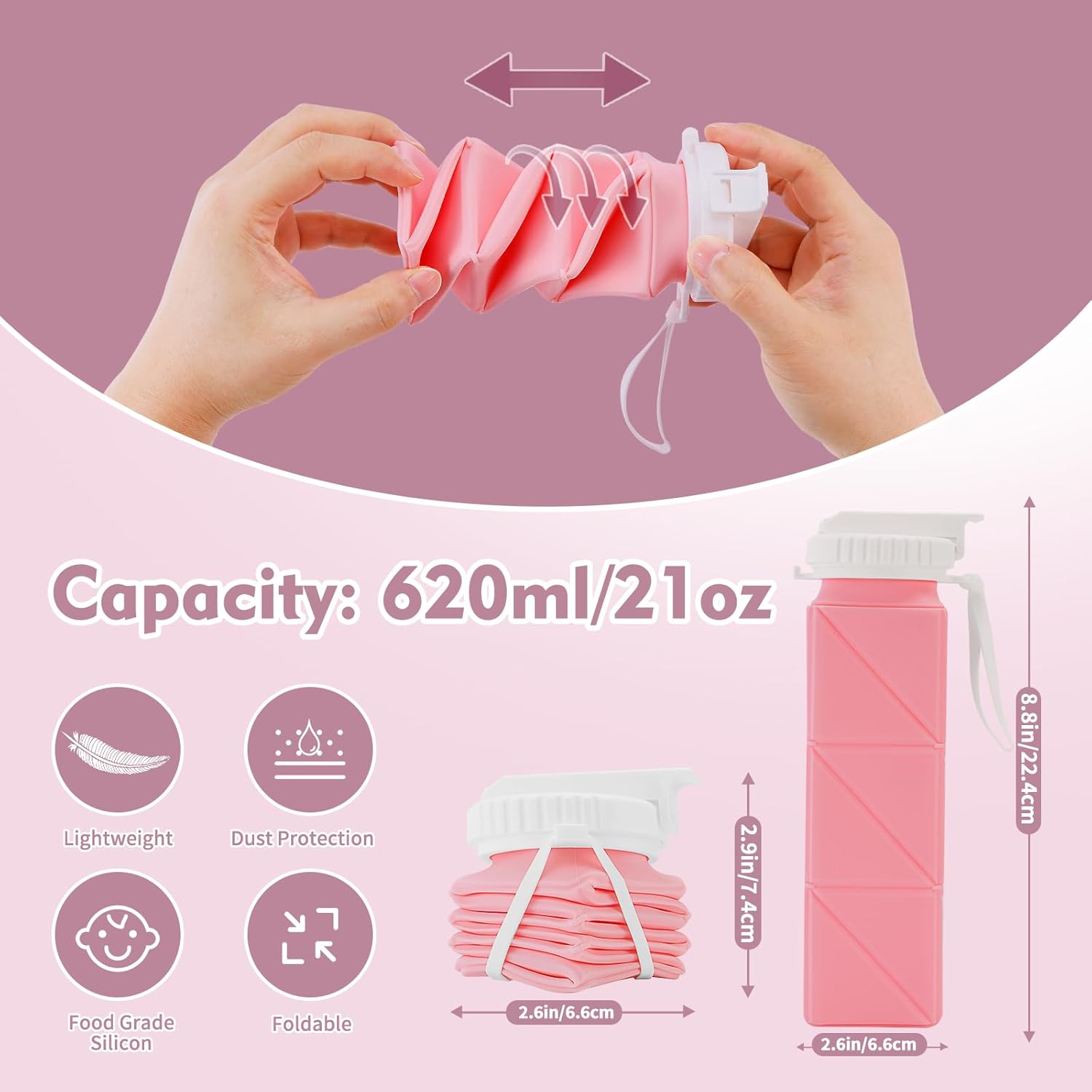 Collapsible Water Bottles 610ml | BPA Free Leakproof Lightweight Foldable Silicon Water Bottles | Twistable Water Cup | for Travel Gym Hiking Outdoor Camping Running Cycling Sports (Pink) - Image 2