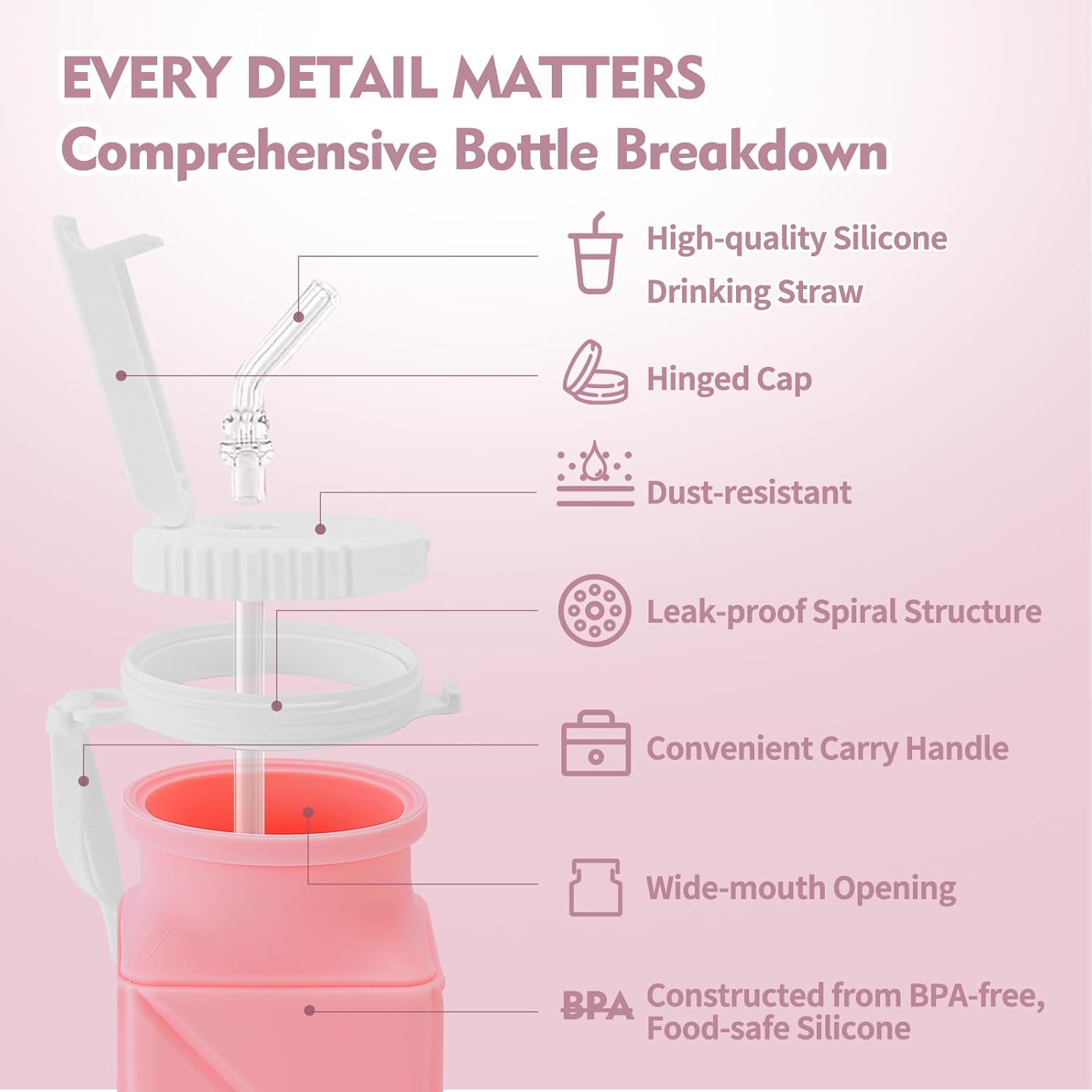 Collapsible Water Bottles 610ml | BPA Free Leakproof Lightweight Foldable Silicon Water Bottles | Twistable Water Cup | for Travel Gym Hiking Outdoor Camping Running Cycling Sports (Pink) - Image 3