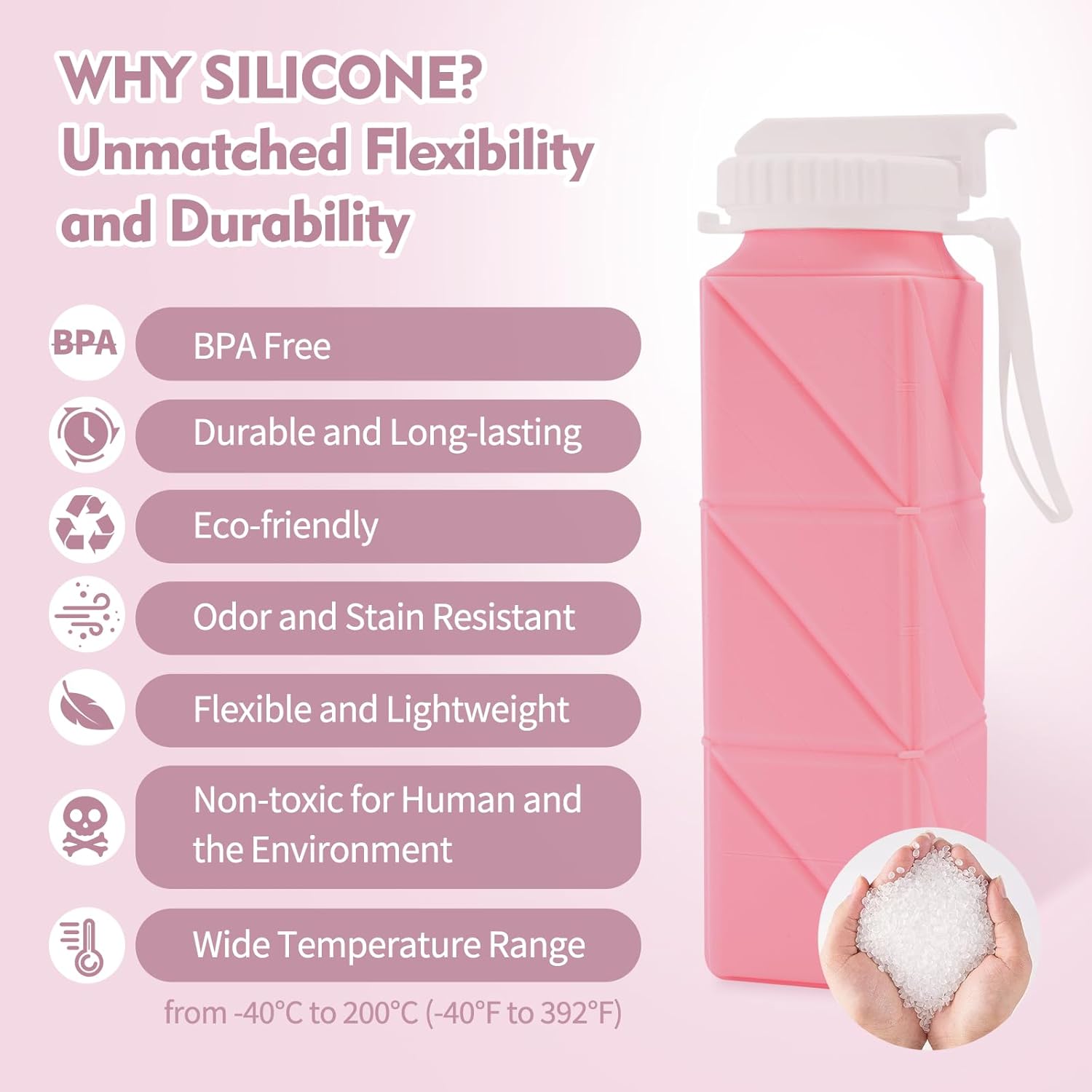 Collapsible Water Bottles 610ml | BPA Free Leakproof Lightweight Foldable Silicon Water Bottles | Twistable Water Cup | for Travel Gym Hiking Outdoor Camping Running Cycling Sports (Pink) - Image 4
