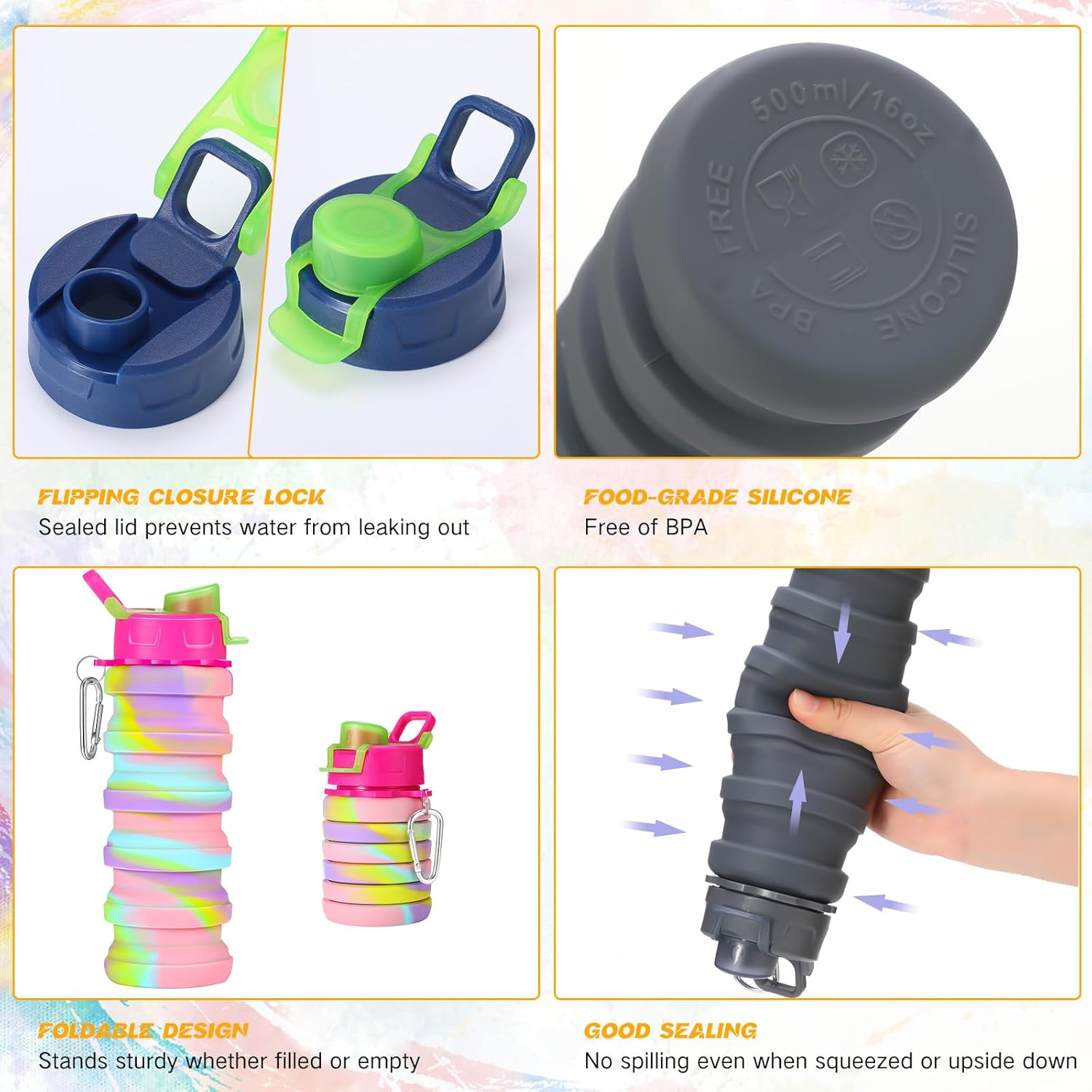 Sunnyray 30 Pack Collapsible Water Bottles 17oz Silicone Portable Water Bottle Bulk Foldable Leak Proof Water Bottle Reusable Camouflage Sports Bottles with Clip for Travel Hiking Camping Outdoor - Image 3